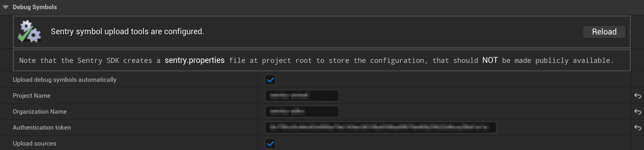 The Unreal Engine debug symbols upload configuration